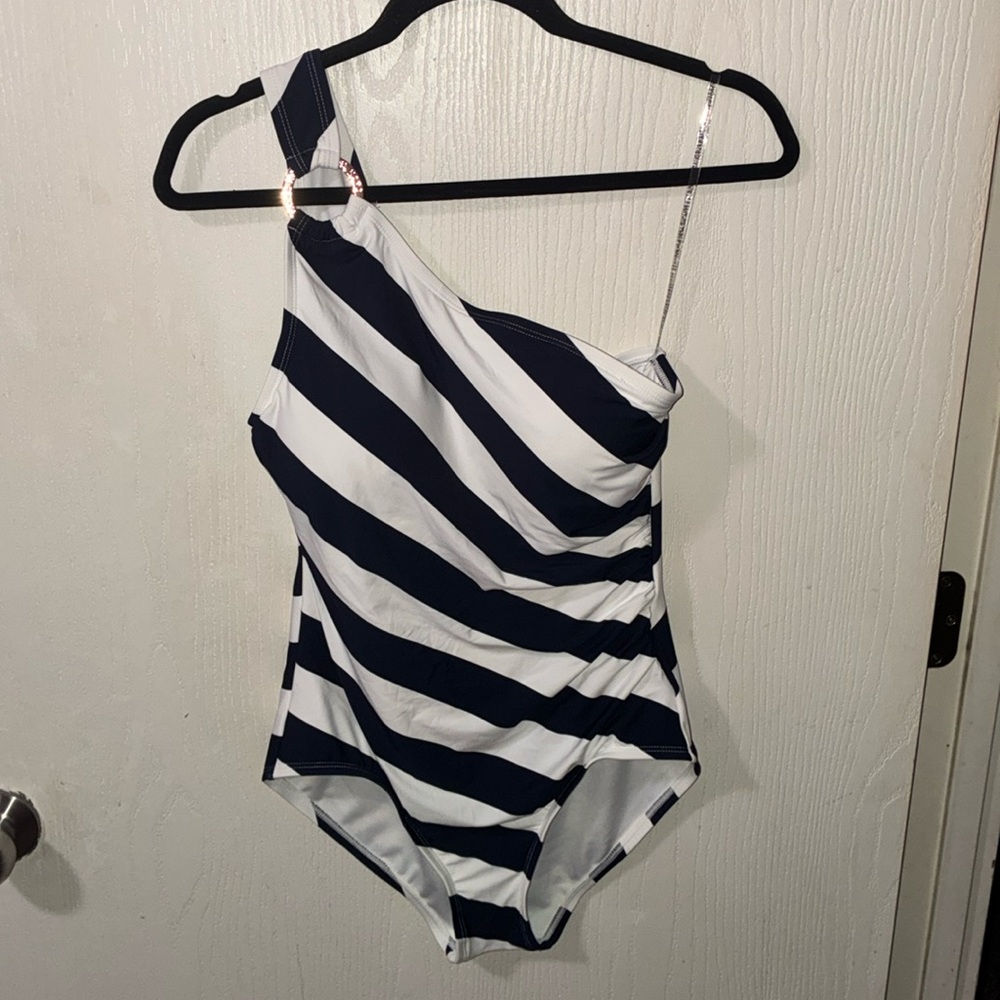 Michael Kors Navy and White Striped One-Shoulder Swimsuit